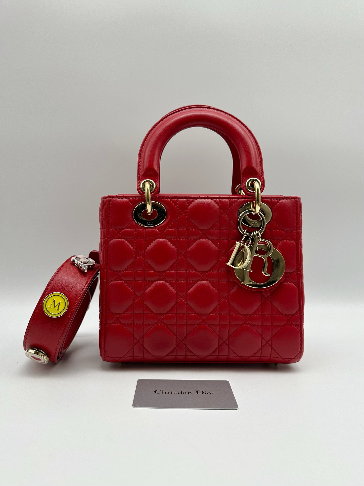 95新 DIOR/迪奥 红色金扣lady宽肩带  徽章四格戴妃手提包62380