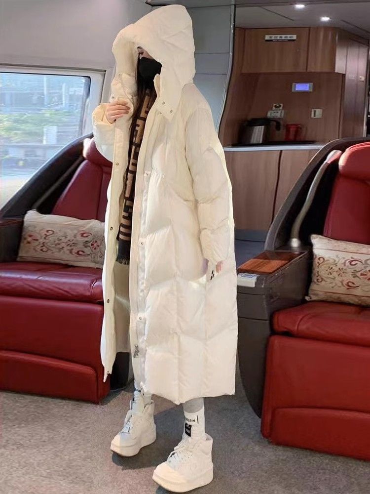 雪中飞绒服羽绒服白色过膝长款女2023冬装百搭连帽宽松鹅绒加厚