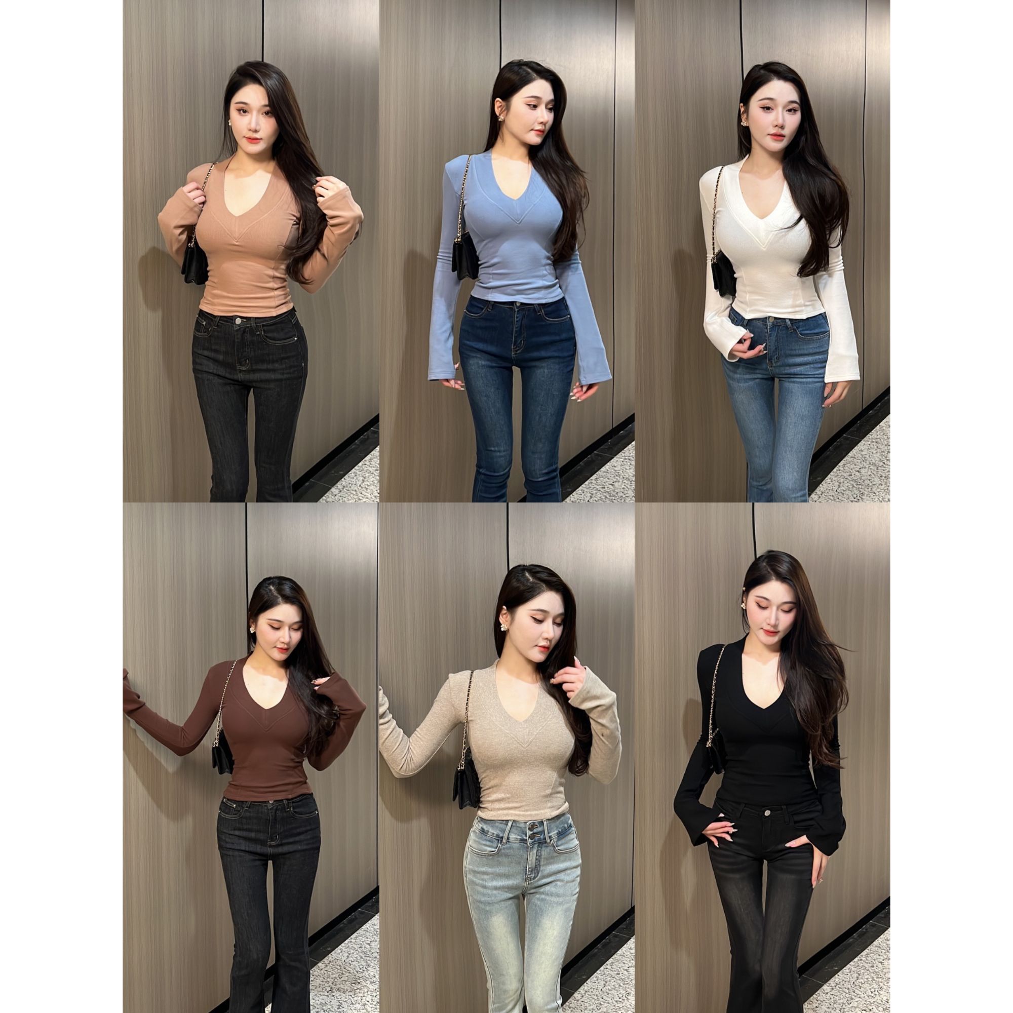 希野逸儿/纯欲气质V领正肩长袖上衣女早春新款修身显瘦内搭打底衫