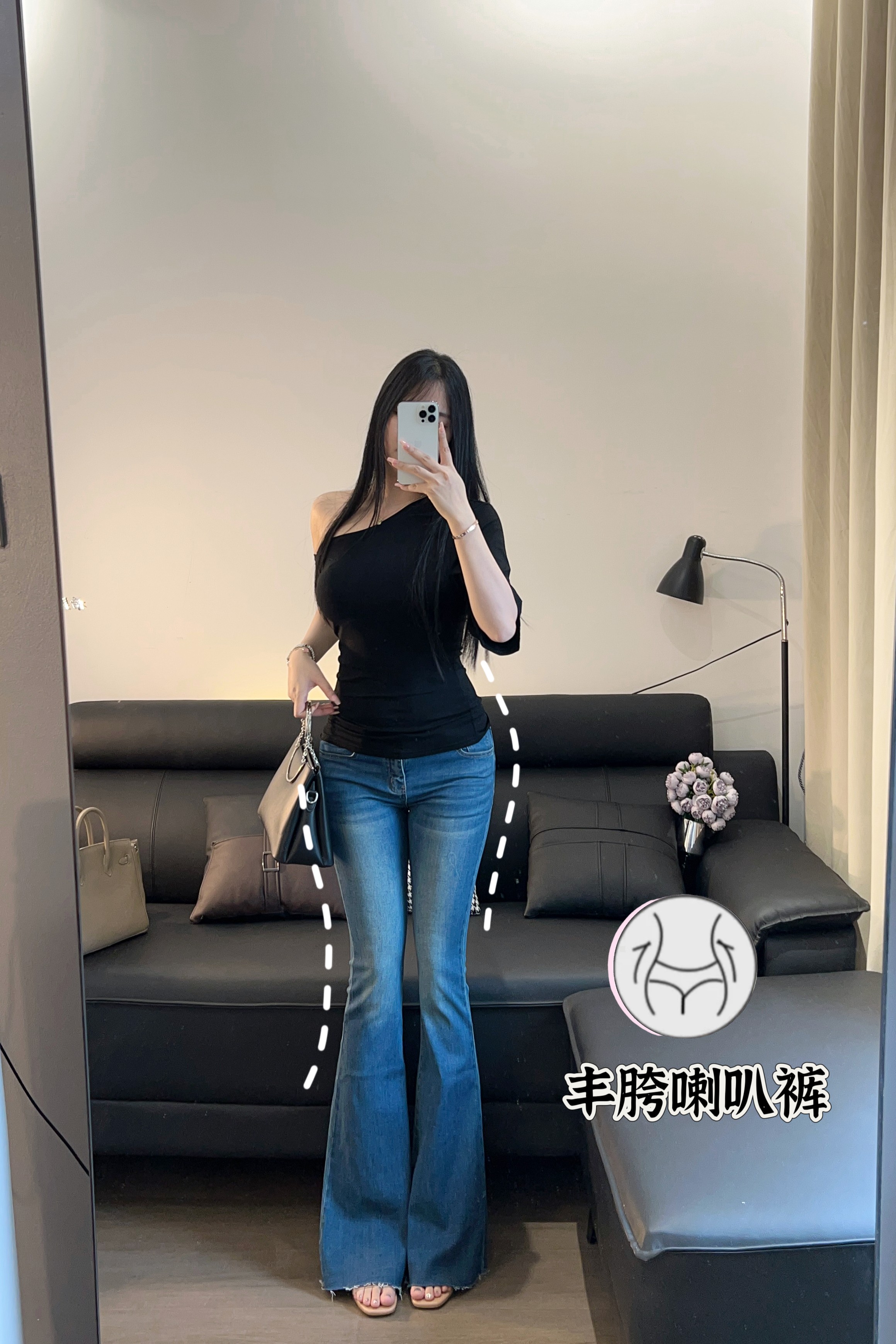 希野逸儿【梦中情裤】丰胯低腰性感辣妹水洗蓝拖地微喇叭牛仔裤女