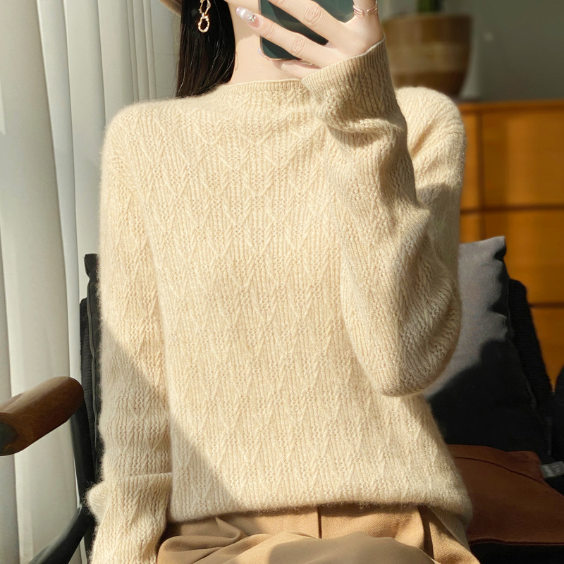 【100%羊毛 重工菱形纹镂空设计】半高领宽松慵懒风针织衫毛衣女