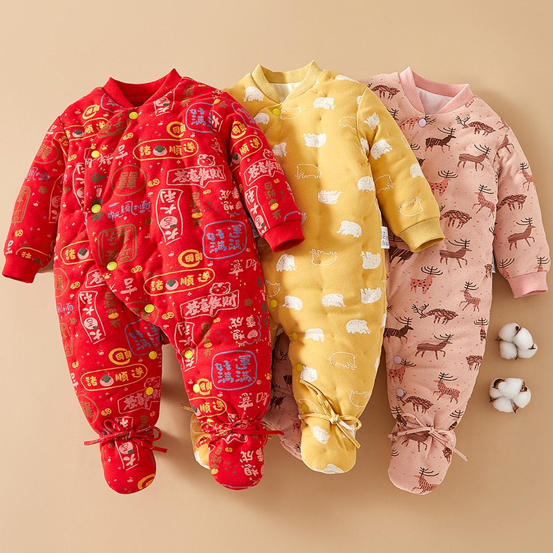 婴幼儿包脚连体衣纯棉花手工棉衣新生儿爬服冬季加厚宝宝连脚哈衣