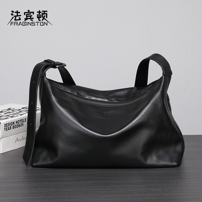 FRABINSTON/法宾顿男士真皮大容量黑色简约休闲肩包单肩斜挎软皮