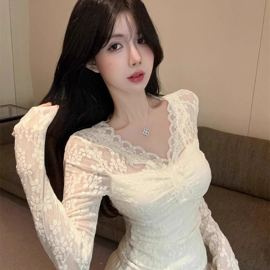 纯欲辣妹v领修身气质上衣小香风显瘦内搭加绒蕾丝打底衫女长袖t恤