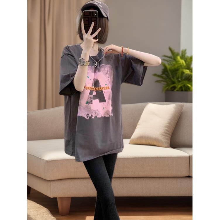 欧货大版100%棉品质短袖t恤夏季宽松显瘦中长款搭配鲨鱼裤的上衣