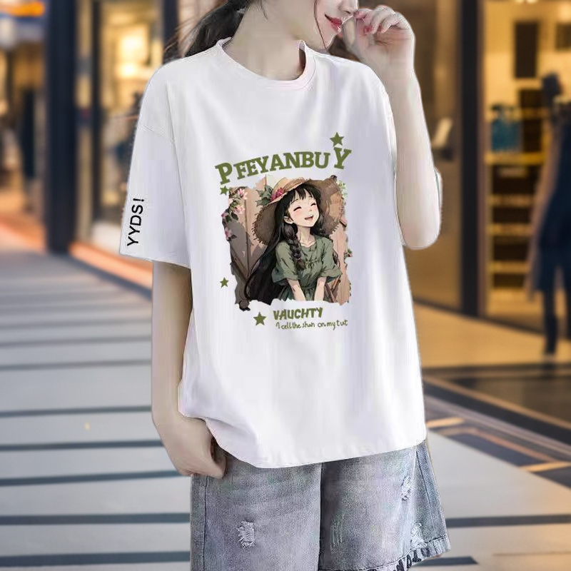 100%棉品质短袖T恤女夏季新款宽松休闲显瘦大码印花半袖体恤上衣