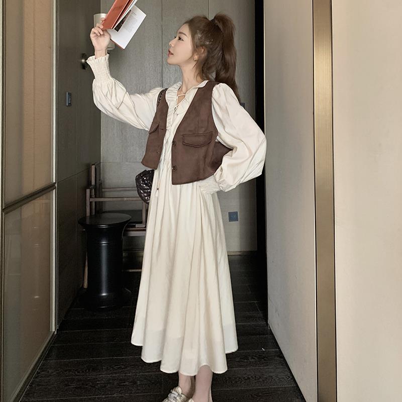 法式茶歇套装裙连衣裙女春秋2025新款小个子高级感复古马甲两件套