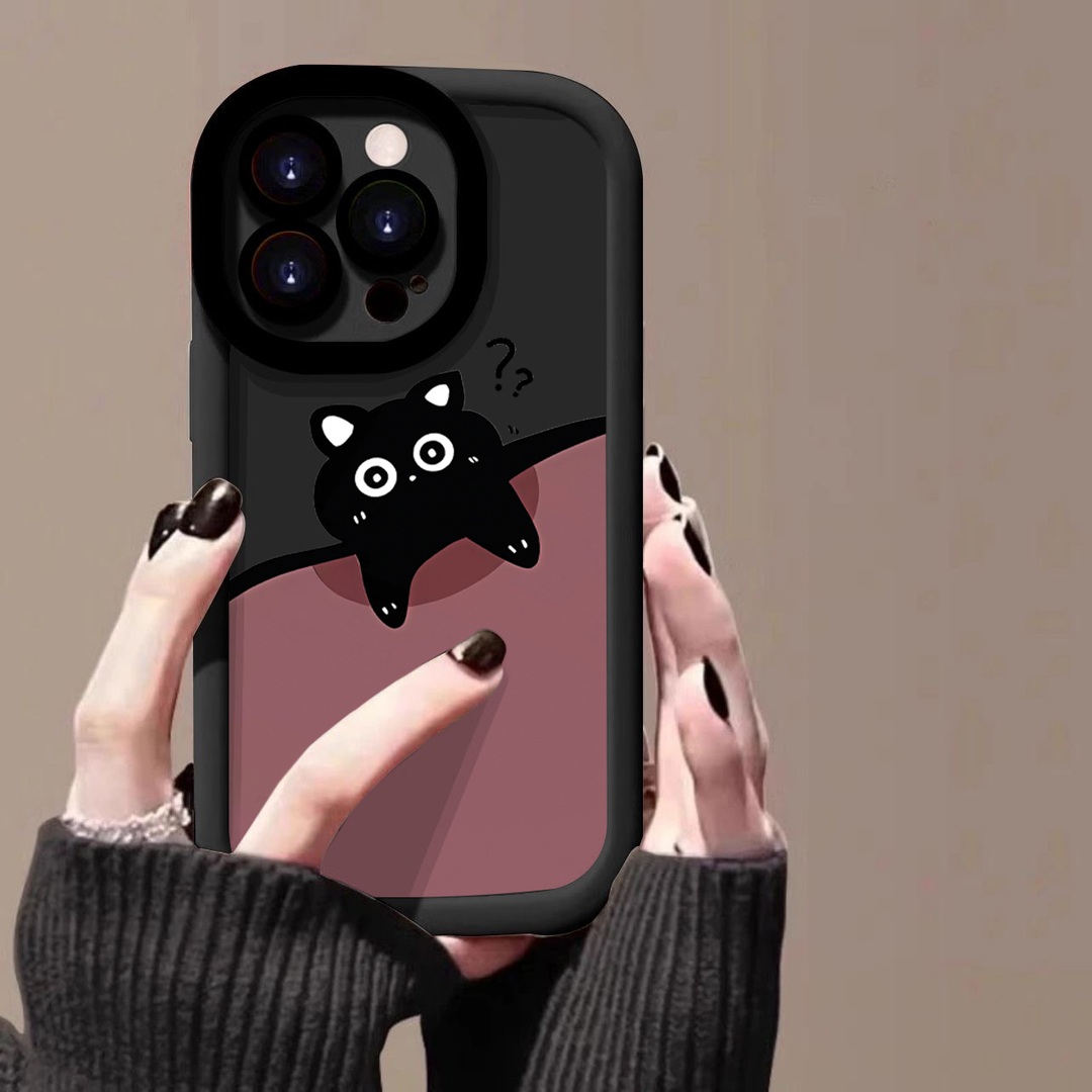 【苹果/华为/荣耀/OPPO/vivo/小米】问号猫咪黑底磨砂泡芙手机壳