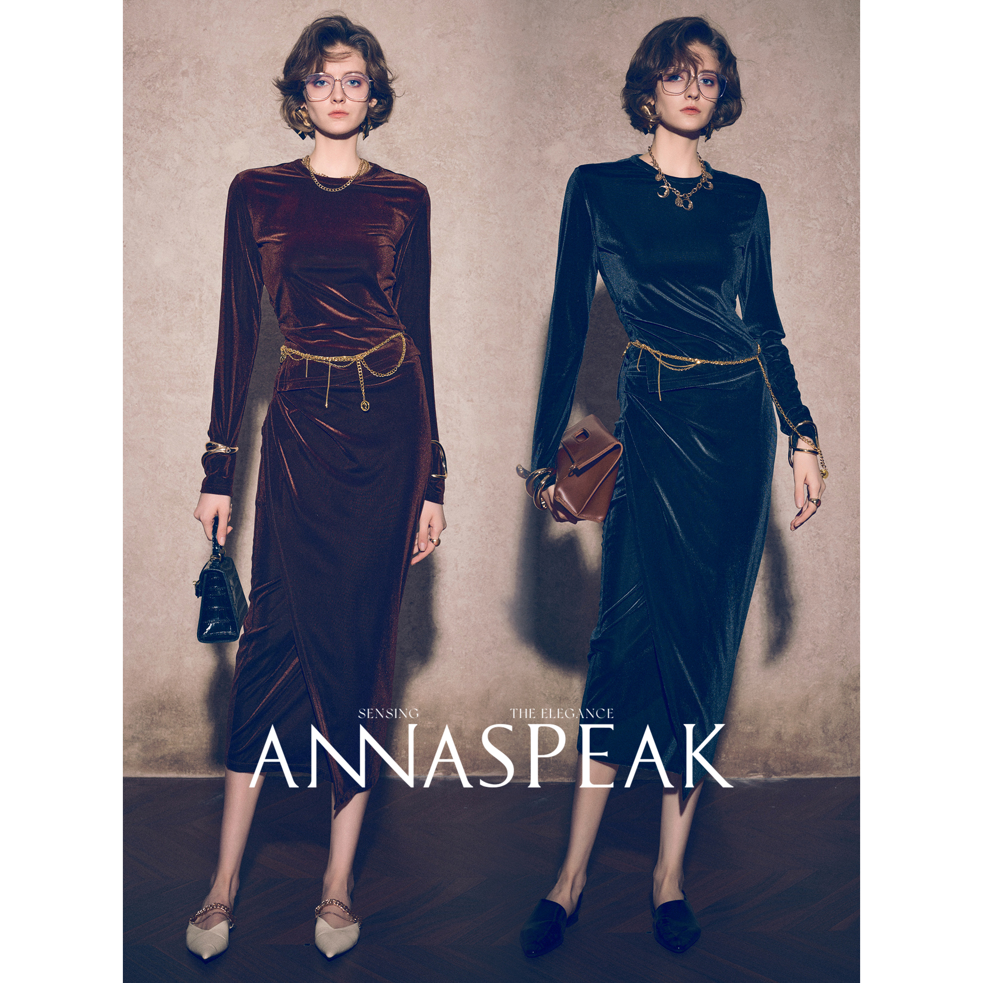 ANNASPEAK摩登优雅定染莹润幻彩丝绒捏褶收腰上衣/半裙AS秋冬套装