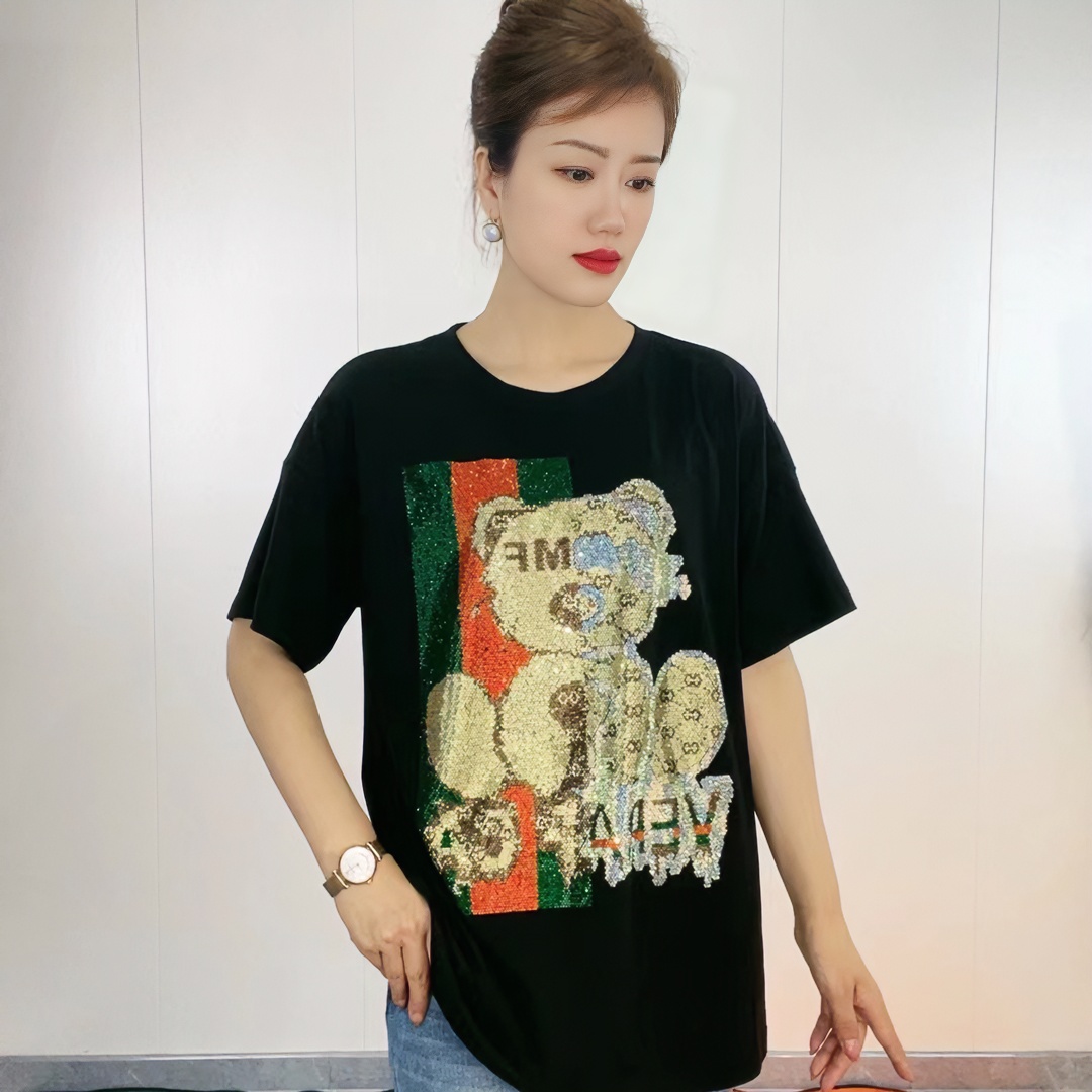 时尚重工中长款落肩半袖夏季黑色圆领百搭宽松女士中长衫8801