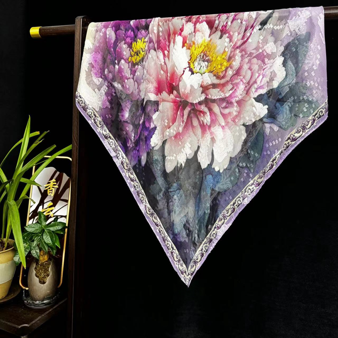 【蝶恋牡丹】剪花方巾新中式香云纱国风百搭丝巾70*70（327-A）