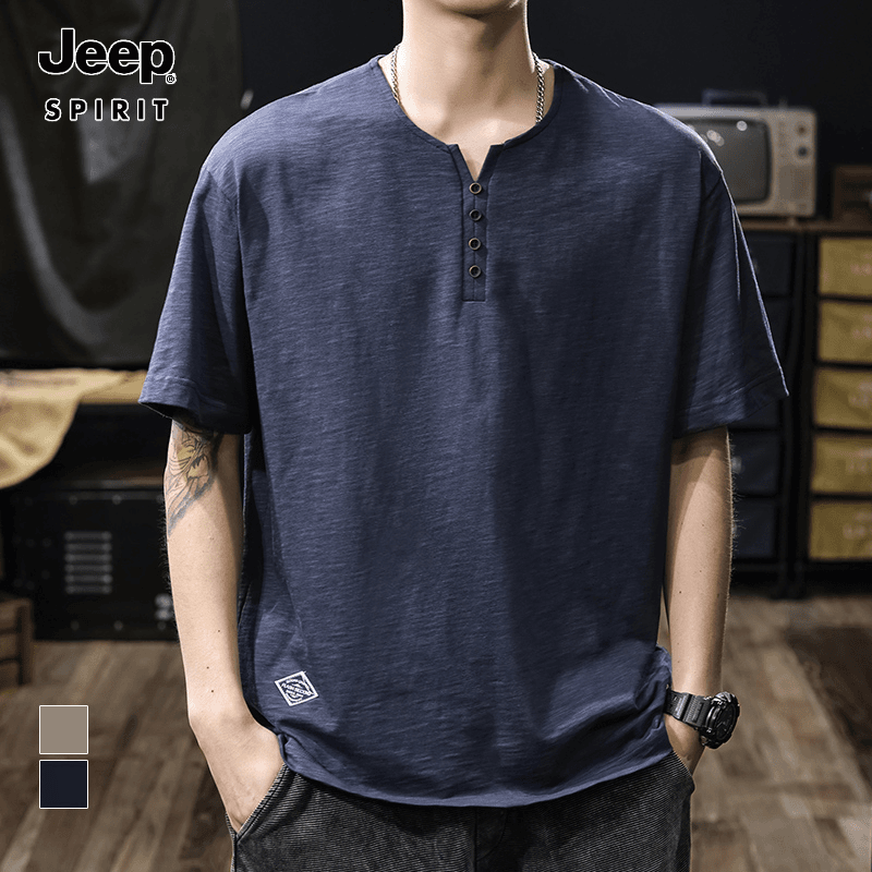 Jeep吉普夏季男士竹节棉美式亨利领短袖男polo衫宽松休闲运动薄款