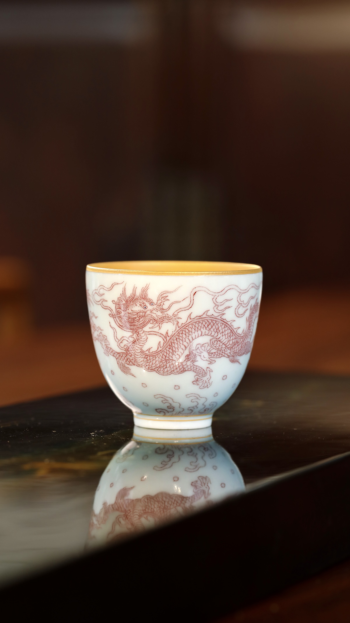 【弥生茶器】小愚斋釉里红双龙海水直口杯景德镇高档茶器茶具