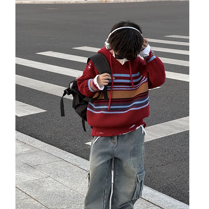 男童秋冬毛衣2023新款复古宽松条纹男童圆领中大童潮流休闲百搭