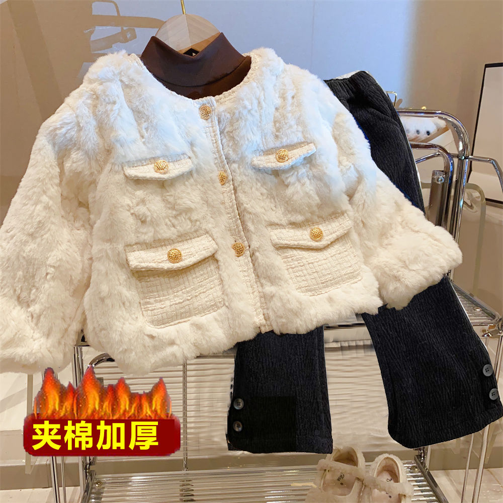 女童外套秋冬季2023新款洋气女宝加厚毛衣夹棉套装加绒款