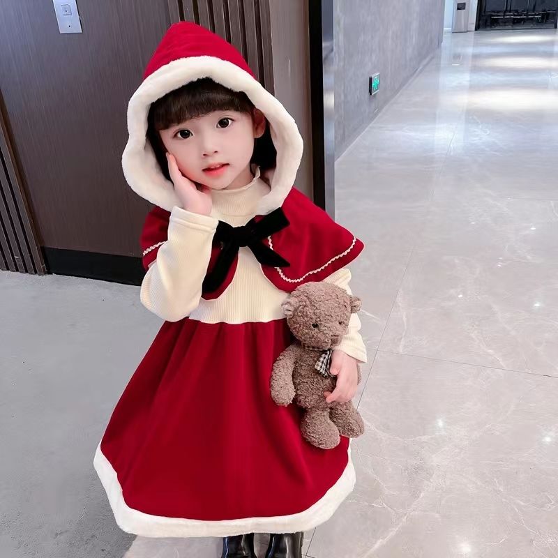 女童新款秋冬加绒圣诞节披肩连帽喜庆小红帽女宝宝周岁拜年礼服潮