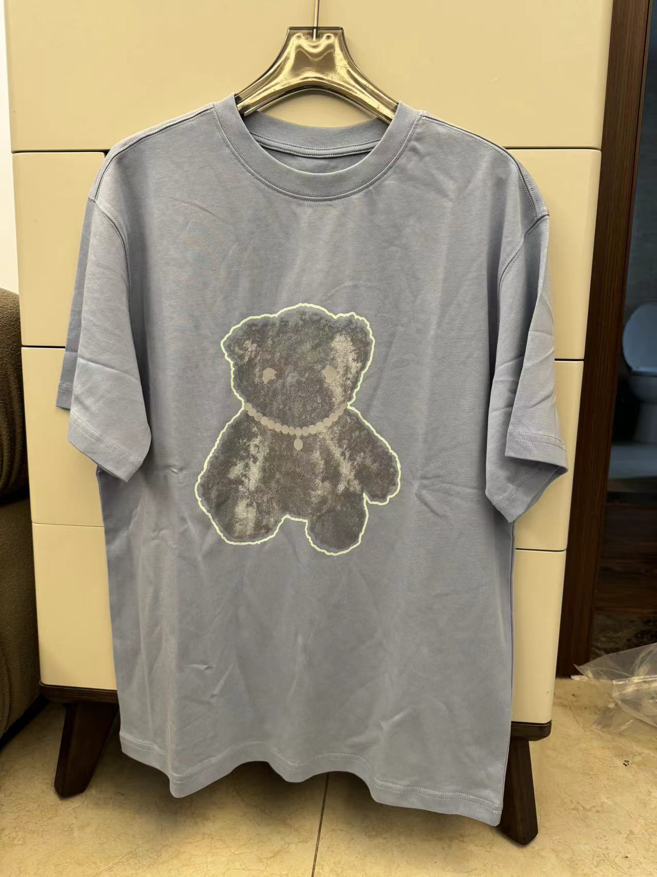 宽松百搭减龄荧光小熊图案短袖T恤女上衣浅蓝色M23