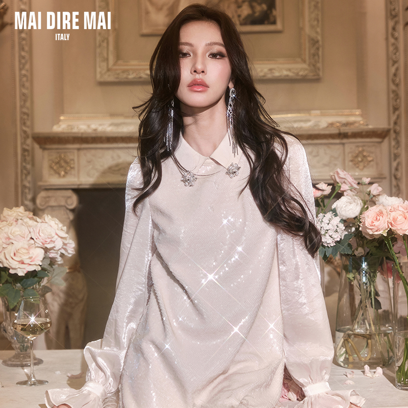 MAI DIRE MAI亮片钻扣翻领花苞袖礼服连衣裙女夏秋鸵鸟毛气质优雅