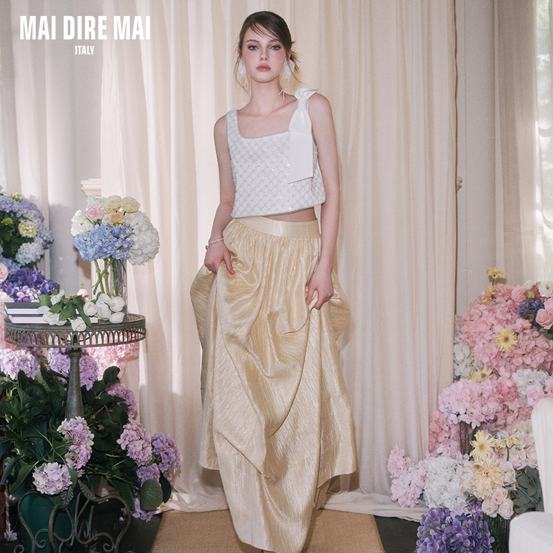 MAI DIRE MAI重工钉珠背心蝴蝶结气质流光大摆伞裙时尚套装春夏女