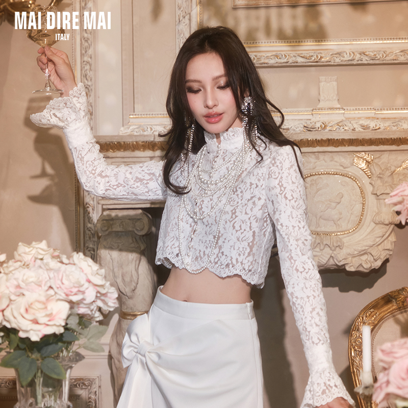 MAI DIRE MAI蕾丝花边长袖蝴蝶结裙高腰女秋优雅气质套装省心穿搭