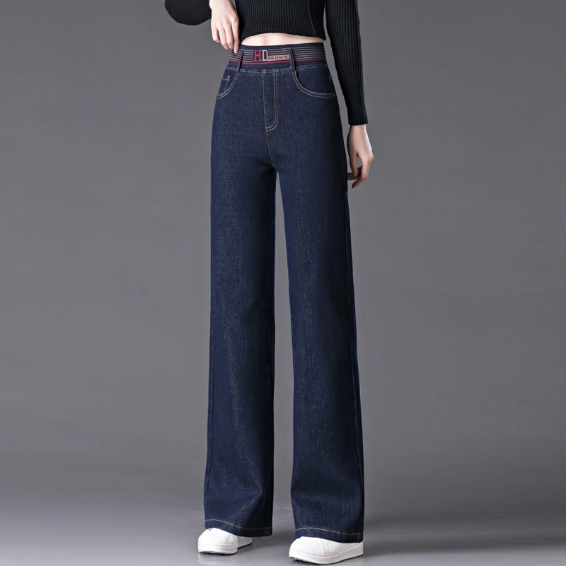 松紧高腰阔腿牛仔裤女加绒秋冬新款气质妈妈裤弹力百搭休闲直筒裤
