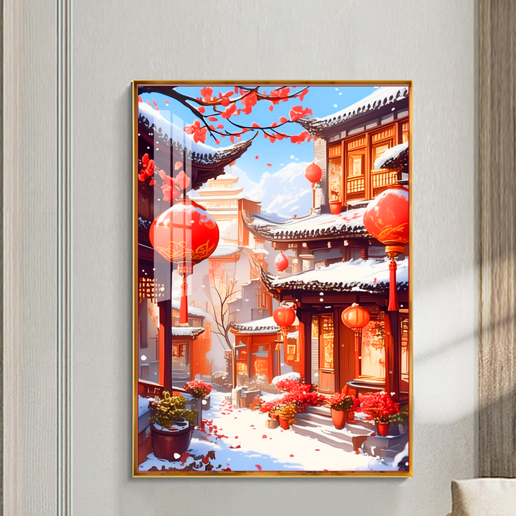 美初十字绣张灯结彩喜庆春节瑞雪兆丰年新年冬日小屋卧室玄关过道