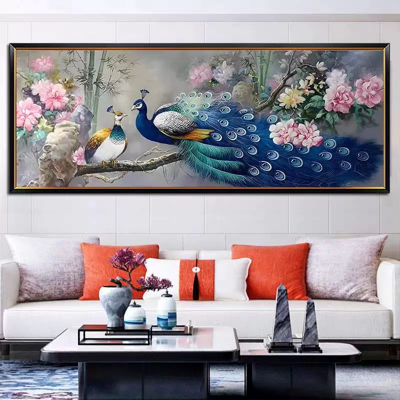2024新款牡丹花孔雀花开富贵孔雀牡丹十字绣客厅沙发背景装饰画