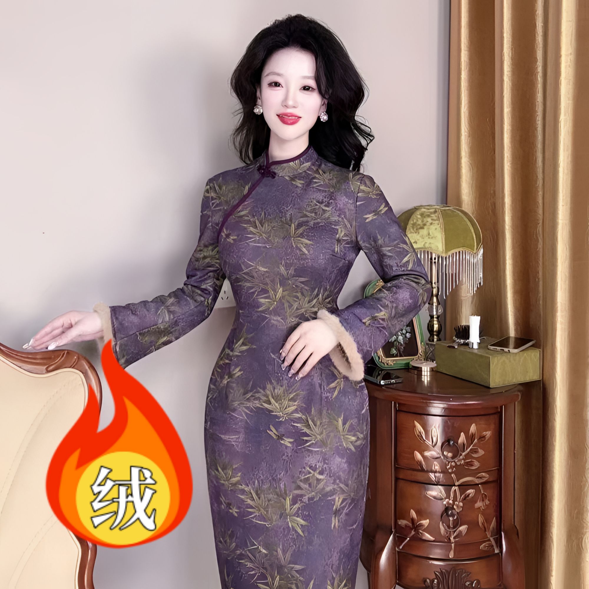 唯艳家【竹与美人】原创冬款加绒加厚气质显瘦连衣裙长袖改良旗袍