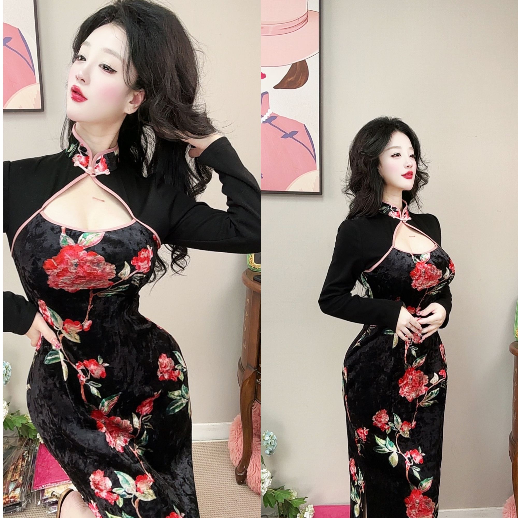 唯艳【花月逐星】原创冬款复古丝绒奢华高级感新中式改良旗袍连衣裙