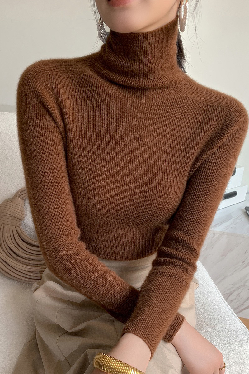 秋冬山羊绒女士修身一线纯色高翻领打底衫