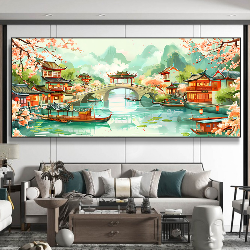 梦江南十字绣2024新款线绣客厅现代大气高端风景山水画手工自己绣