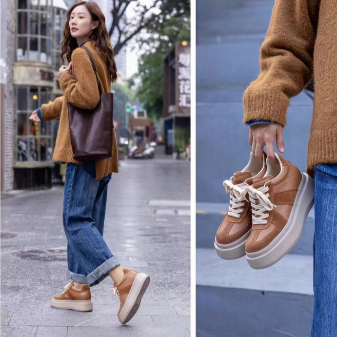 莞产！升级版表姐同款内增高德训鞋 松糕厚底鞋小个子真皮休闲板鞋