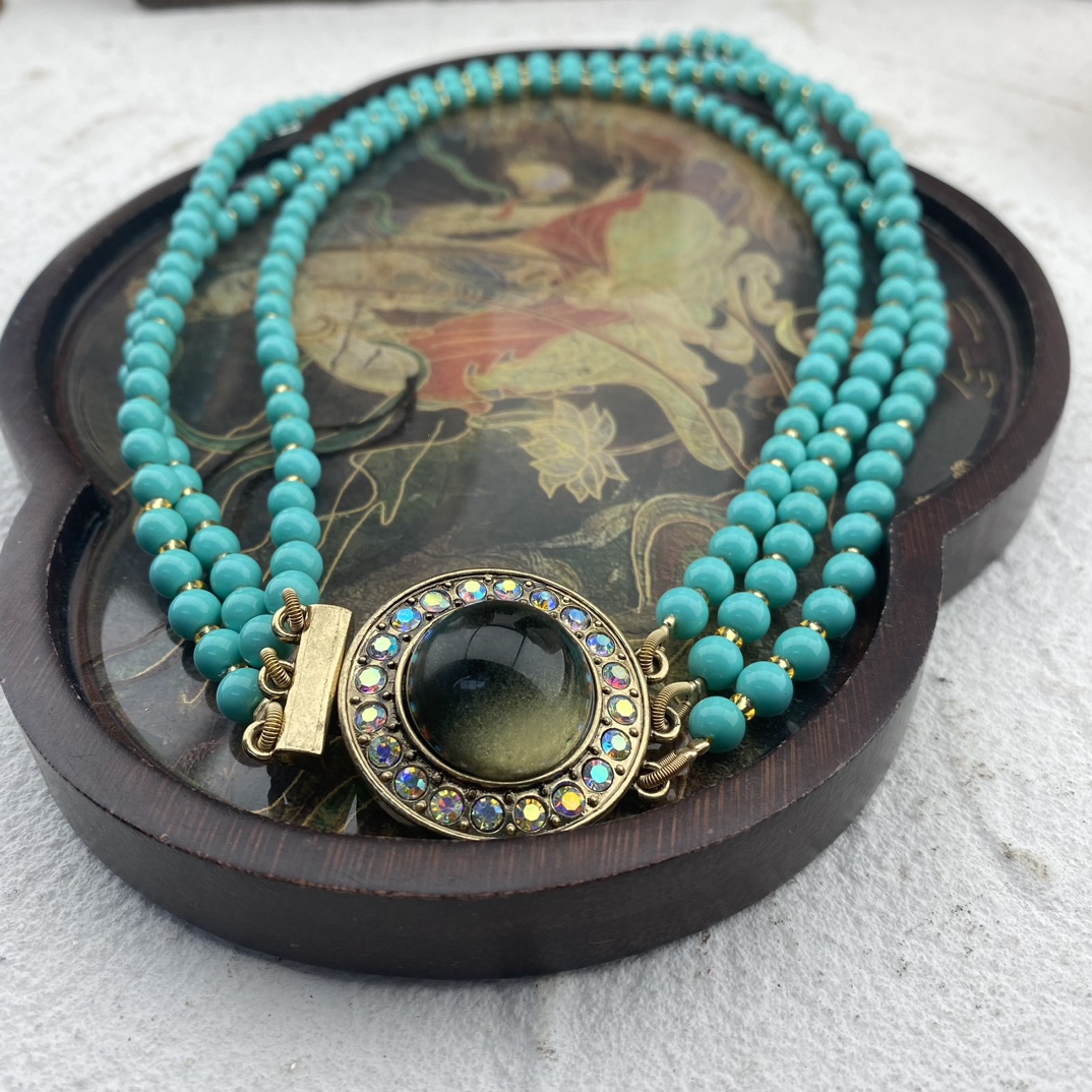 铜合金琉璃项链  新款项链手工复古长链两圈编织镶嵌蓝色气质绿色