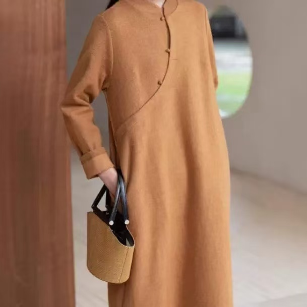 进口澳洲羊毛秋冬暖绒羊毛打底连衣裙新中式旗袍裙女