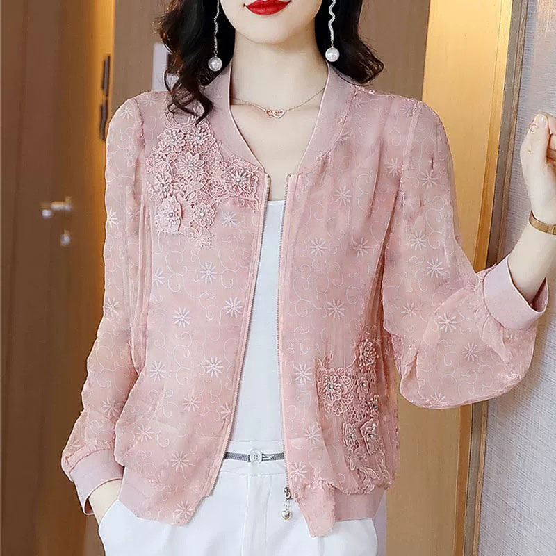 粉色潮牌外套女士薄款单层微透2025年短款重工刺绣宽松棒球服480