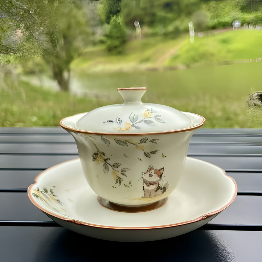 【时熙】米黄桂花猫三才盖碗陶瓷花瓣泡茶碗汝窑开片家用功夫茶具