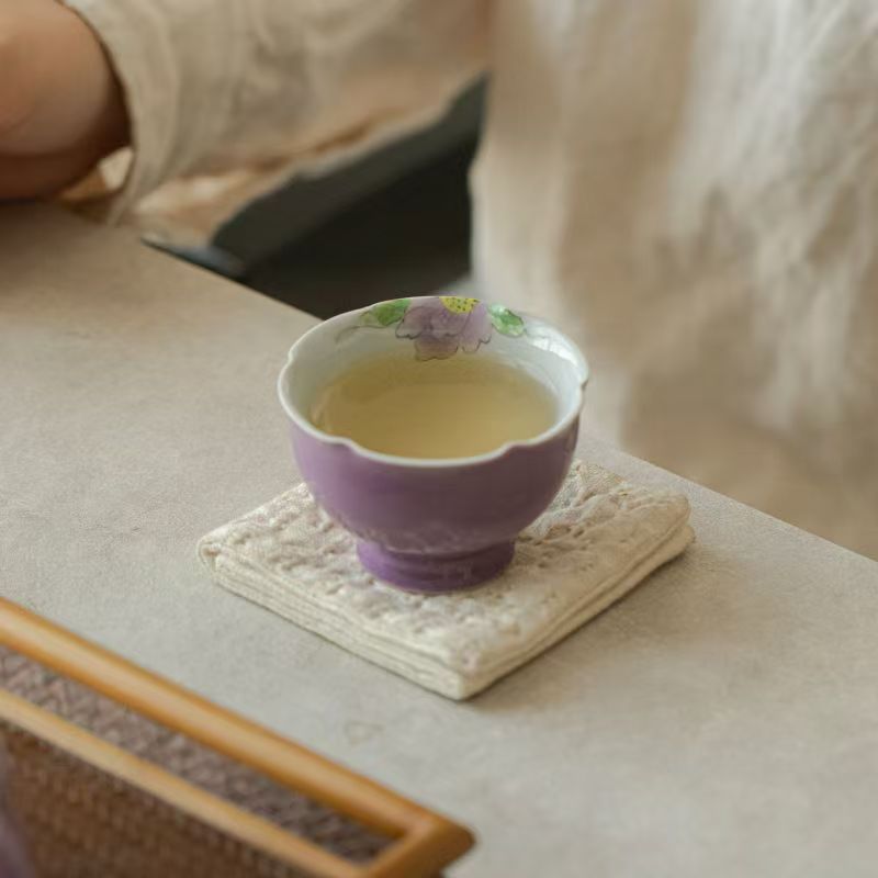 【时熙】手绘紫牡丹茶杯陶瓷品茗杯精致家用功夫茶具花瓣杯主人杯