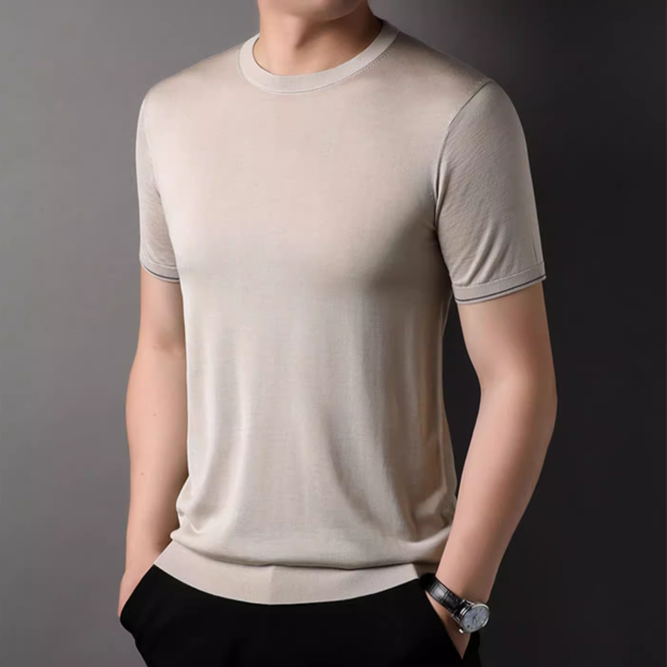 夏季100%纯桑蚕丝短袖T恤男圆领针织衫半袖韩版休闲男装真丝体恤