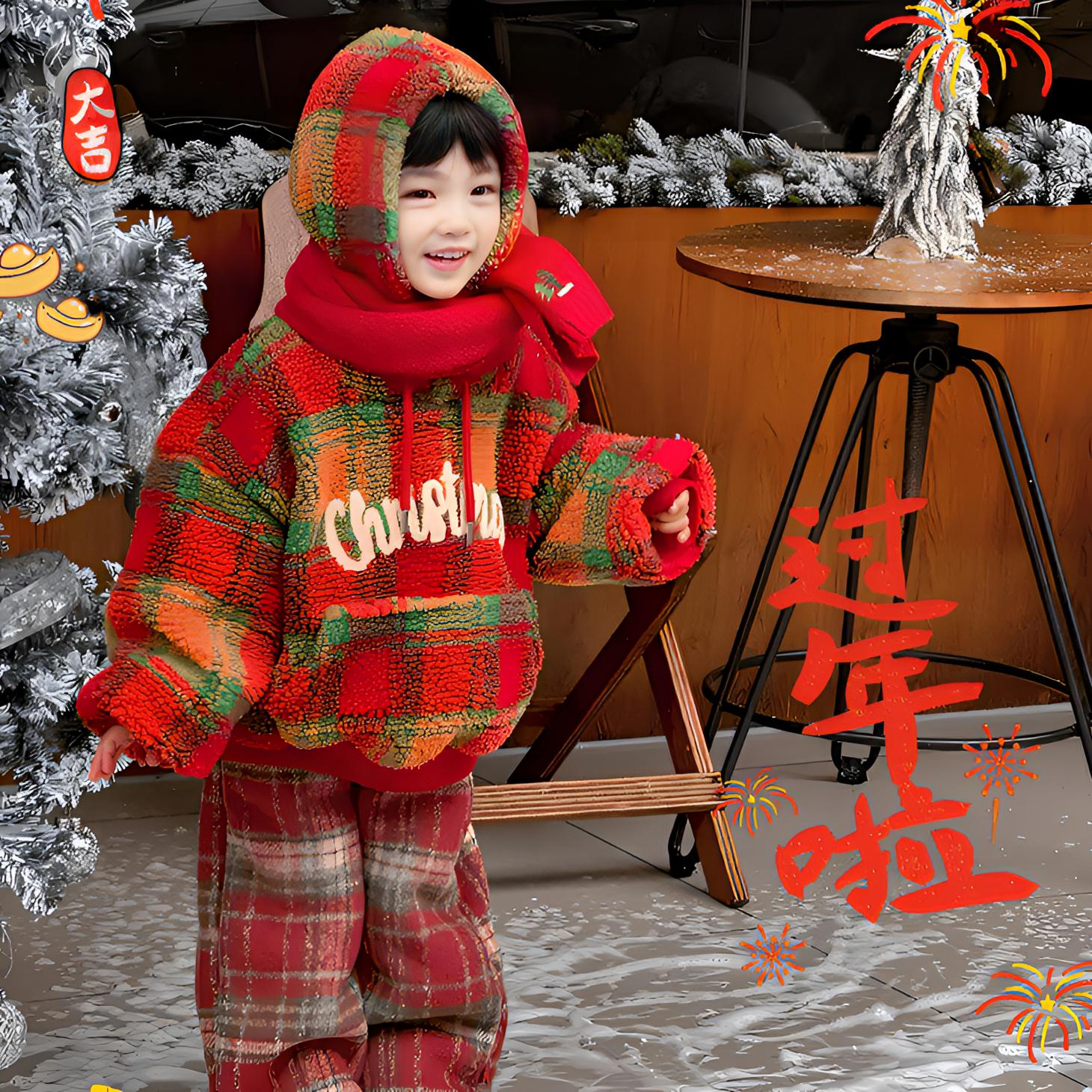 男女童连帽加绒加厚卫衣新年套装冬装新款儿童宝宝洋气保暖两件套