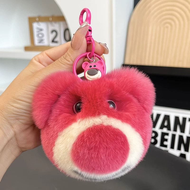 可爱獭兔毛小熊车钥匙扣挂件ins网红毛绒草莓公仔熊包包挂饰礼物
