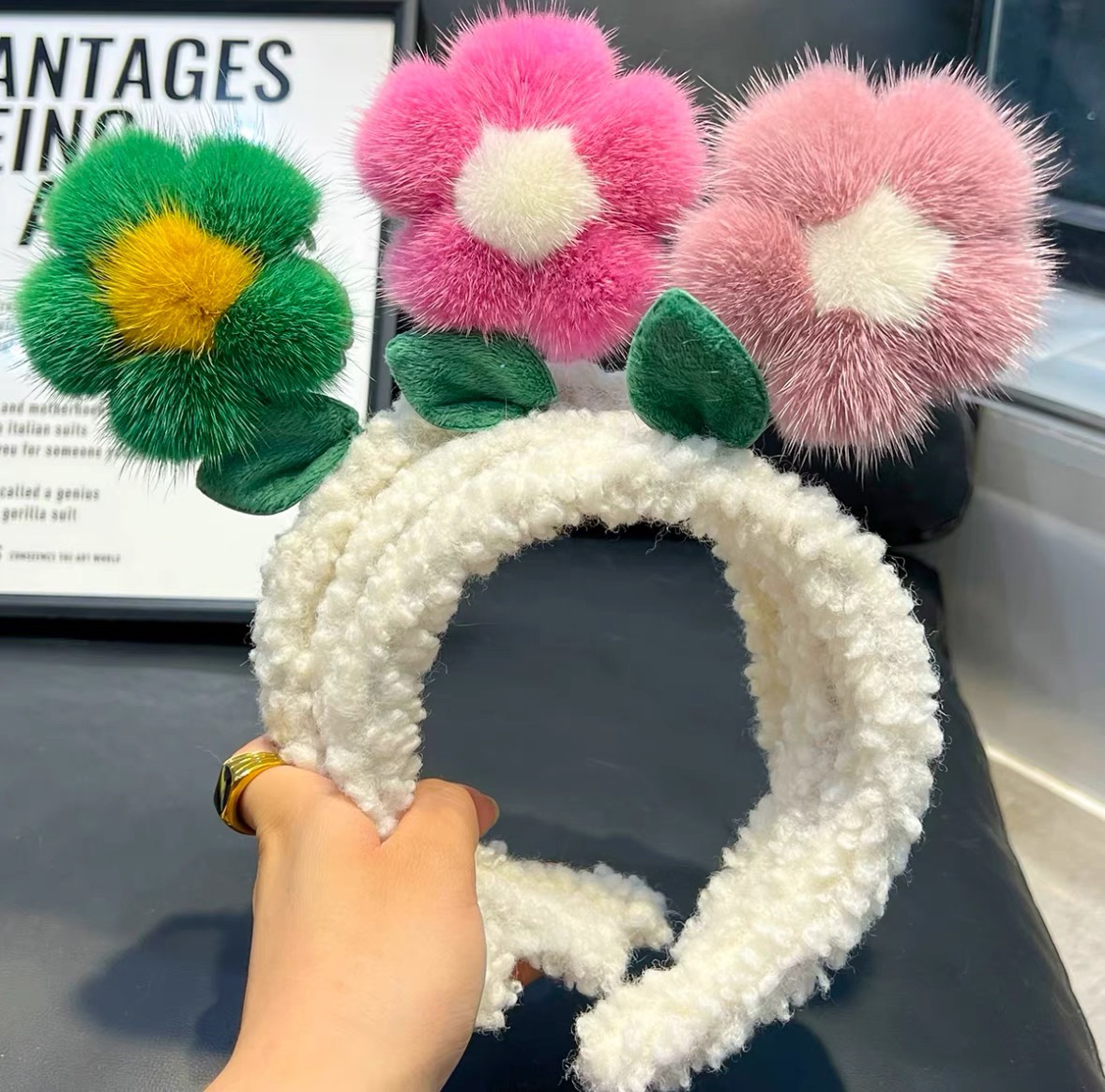 原创洗脸发箍可爱真水貂毛小花朵网红女主播头箍毛绒头饰化妆发卡