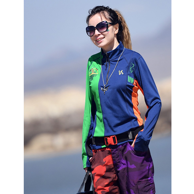 北京森林户外春夏原创印花不规则拼色设计速干快干长袖T恤上衣女