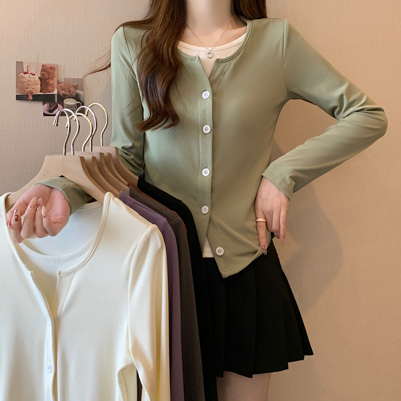 J春装2025新款大码假两件长袖T恤胖mm显瘦遮肚女士打底衫上衣