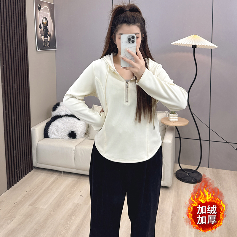 X大码秋冬季新款加绒保暖连帽卫衣微胖妹妹显瘦百搭遮肚慵懒风