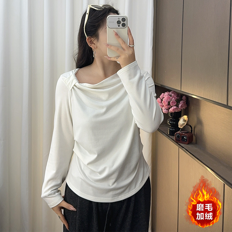 X大码秋冬磨毛加绒设计感长袖T恤打底衫胖MM遮肚显瘦上衣洋气减龄