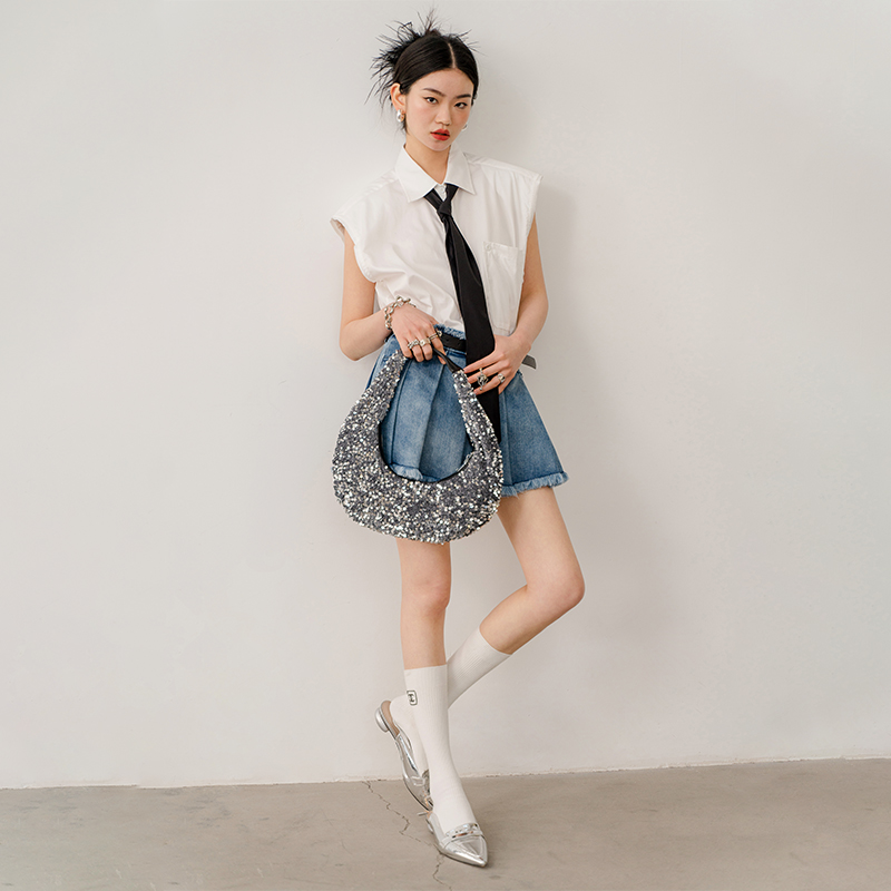 AUDREYWANG毛边配腰带牛仔半裙9341