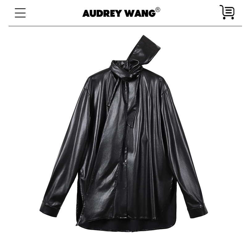 AUDREYWANG黑色圆领休闲设计款衬衫10176