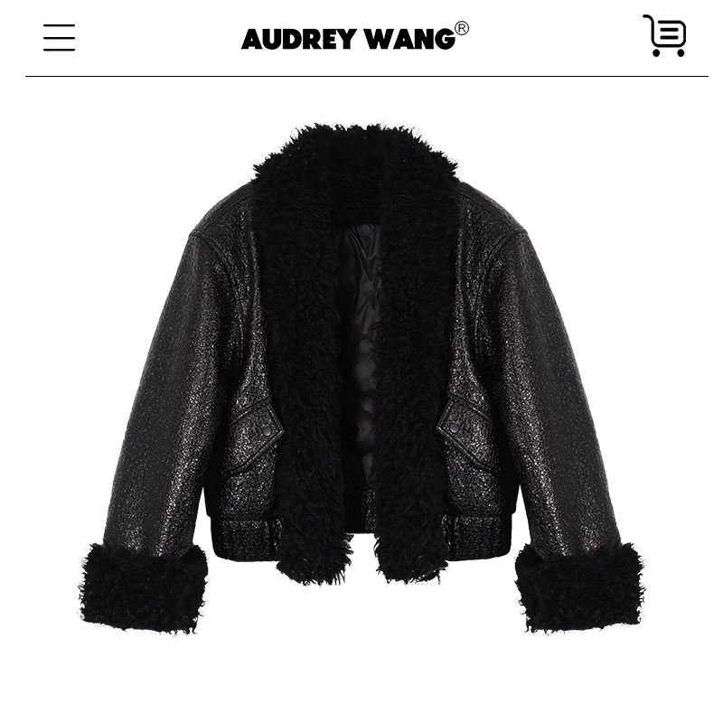 AUDREYWANG 巴家风机车羽绒夹克服丨复古摩登围裹毛领皮外套11750