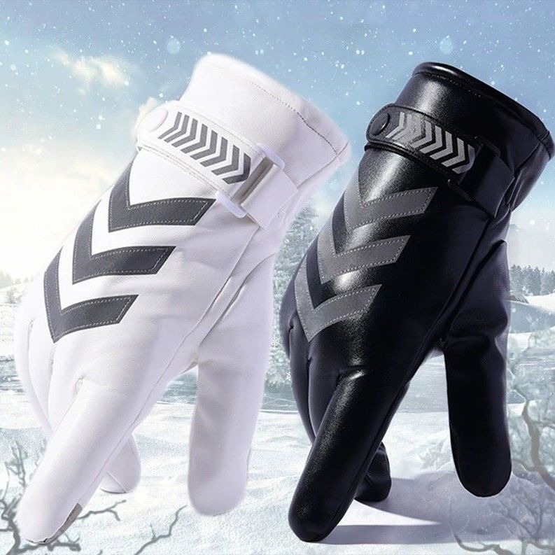 一冬季pu皮手套加绒保暖加厚骑行开车反光条执勤安保防风防寒滑雪