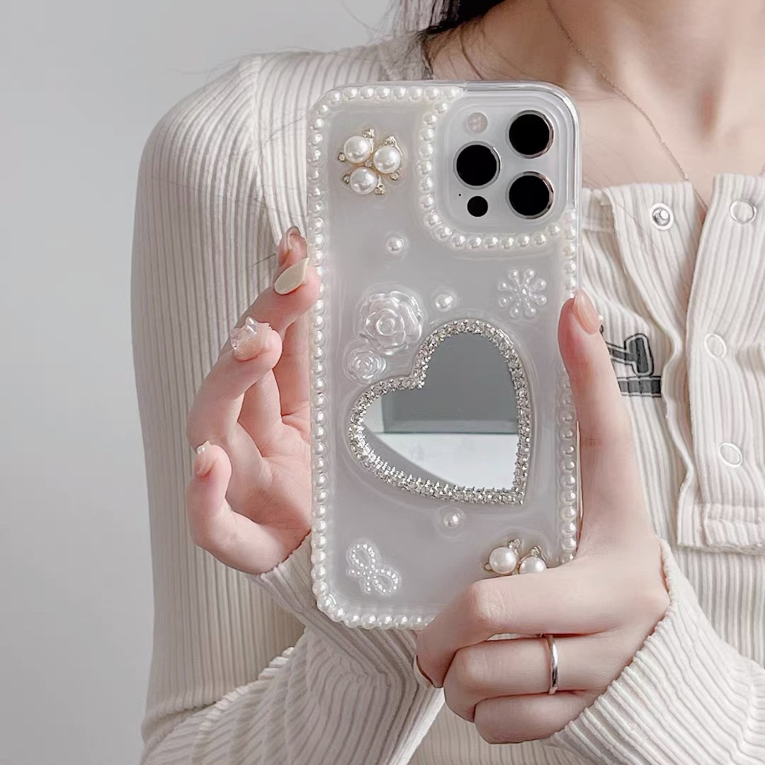 ins珍珠爱心镜子适用苹果17 16 OPPO VIVO华为小米一加荣耀手机壳